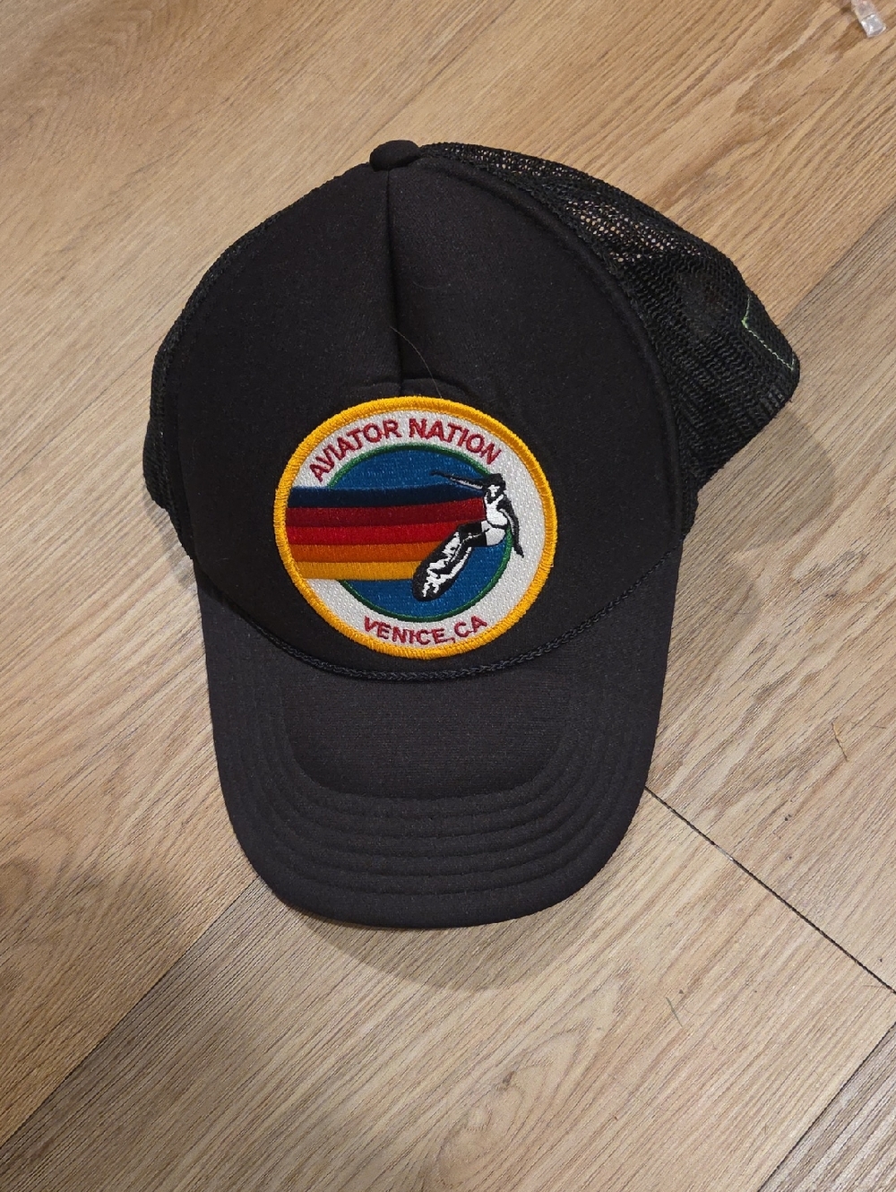 Aviator Nation Black Trucker Hat with Rainbow Surf Patch Has A Flaw Snaps Good